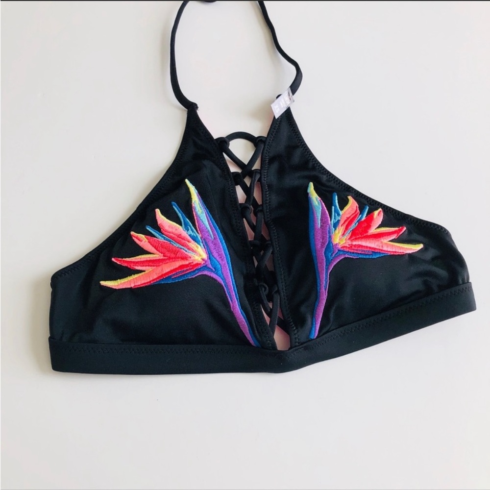 PINK Victoria Secret black lace up Bird of Paradise bikini tank swim top